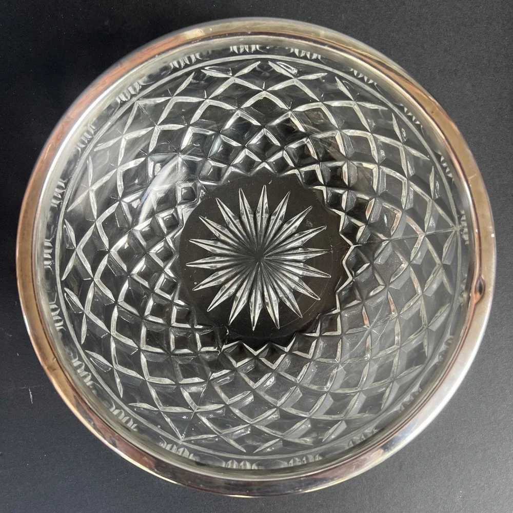 VTG Heavy Cut Glass Serving Bowl with Silver Plated Rim Large 8.25